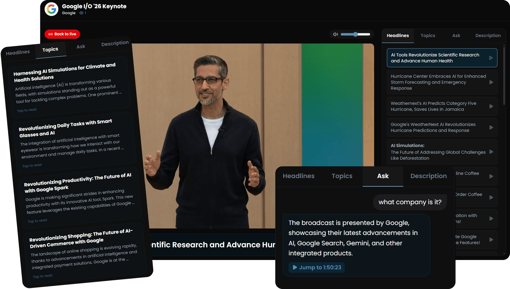 Mockup of a live conference feed showing real-time captions, automatic topic detection, and an AI chat panel for audience questions.