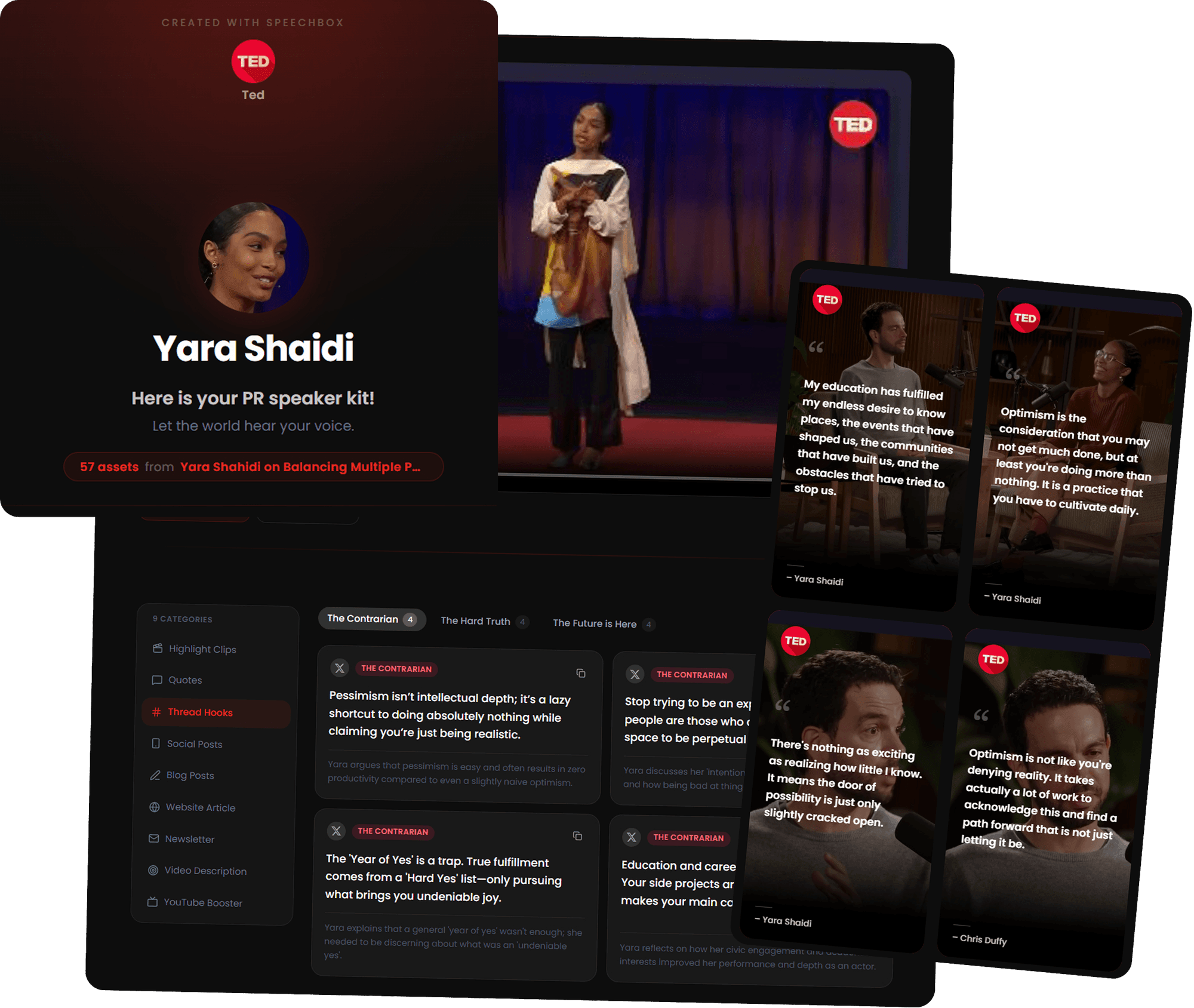Mockup of a personalized speaker kit page showing highlight clips, branded quote cards, and ready-to-share social posts for one conference speaker.