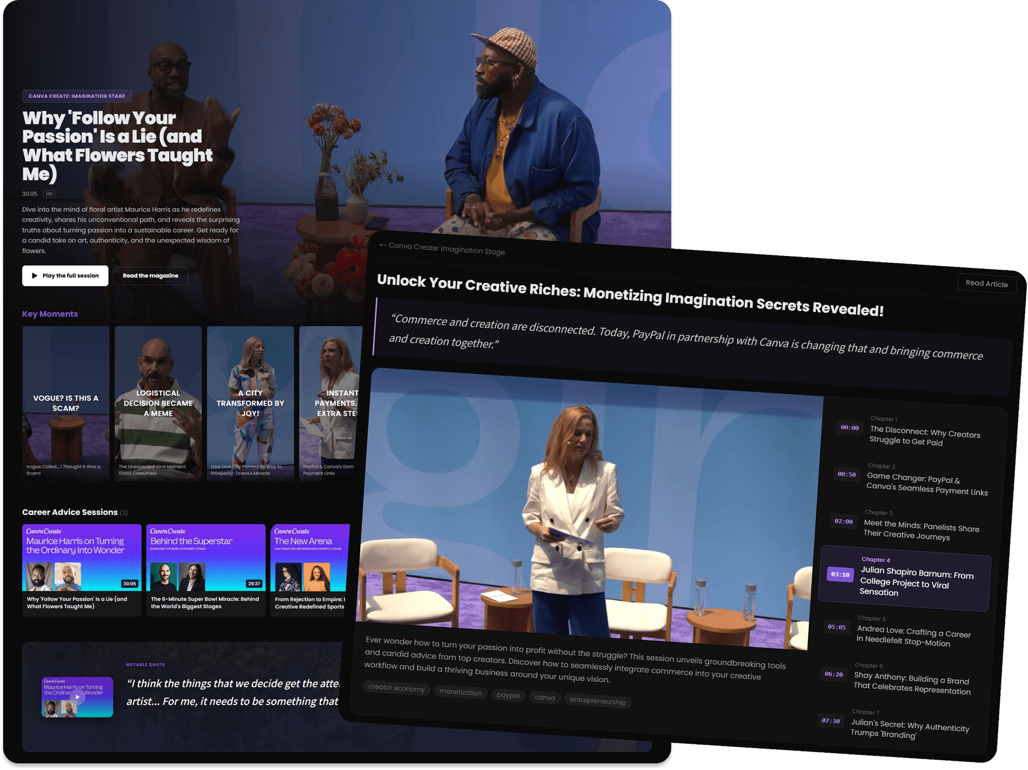 Mockup of a private Netflix-style conference showroom where audiences browse sessions by topic, speaker, and key moment after the event ends.