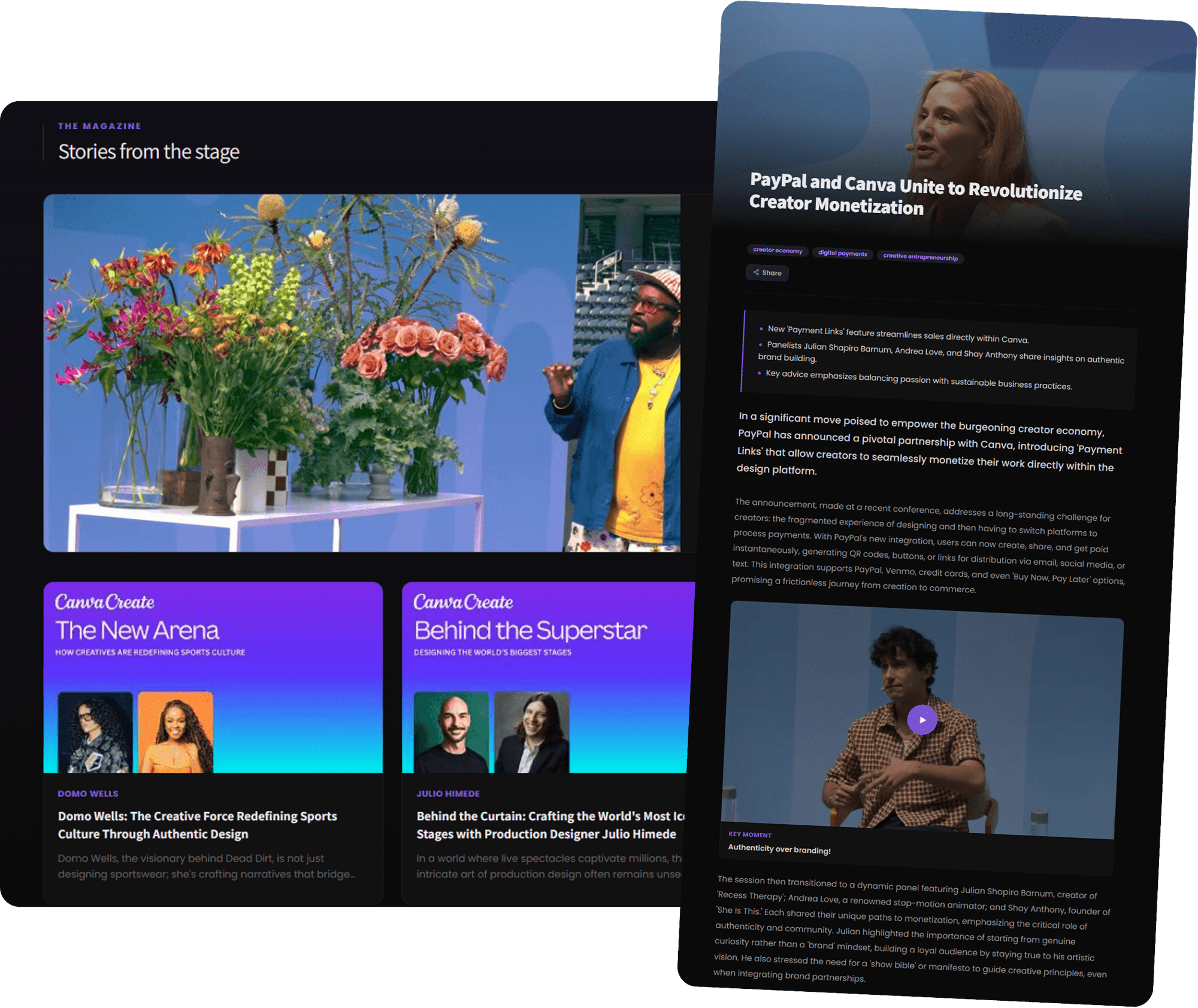 Mockup of new conference sponsorship inventory, showing sponsor placements inside highlight clips, quote cards, and post-event showroom pages.