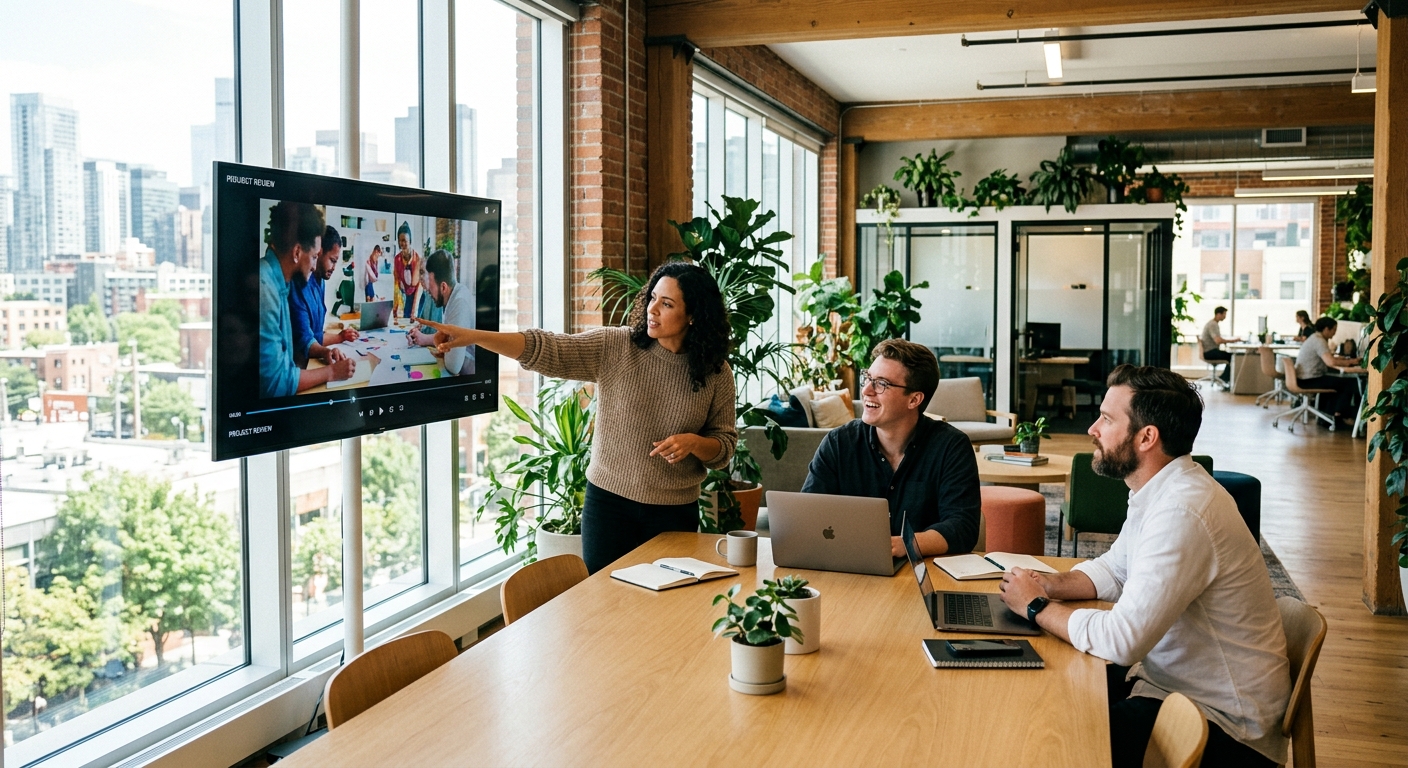 Creative team collaborating on video content in a modern open office