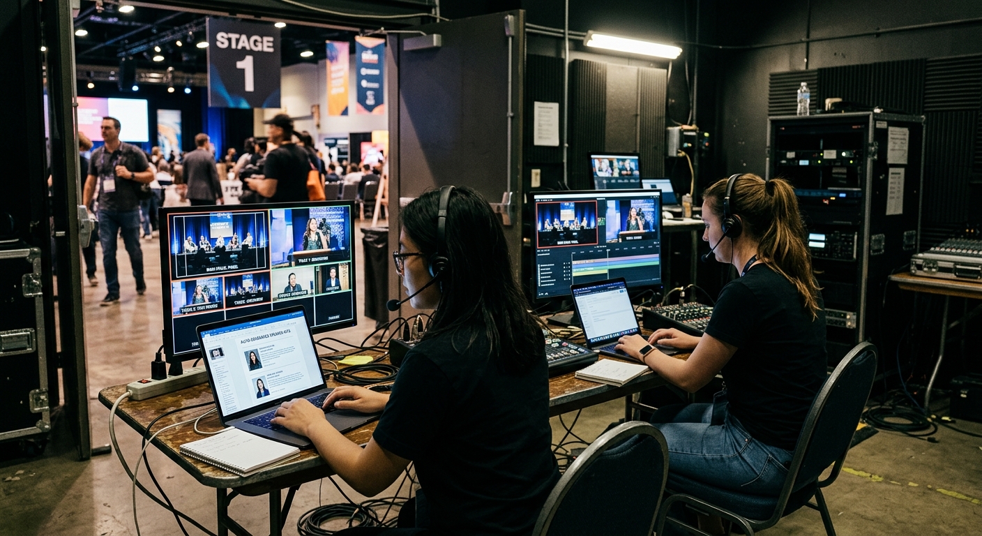 Content team backstage processing multiple session feeds in real time