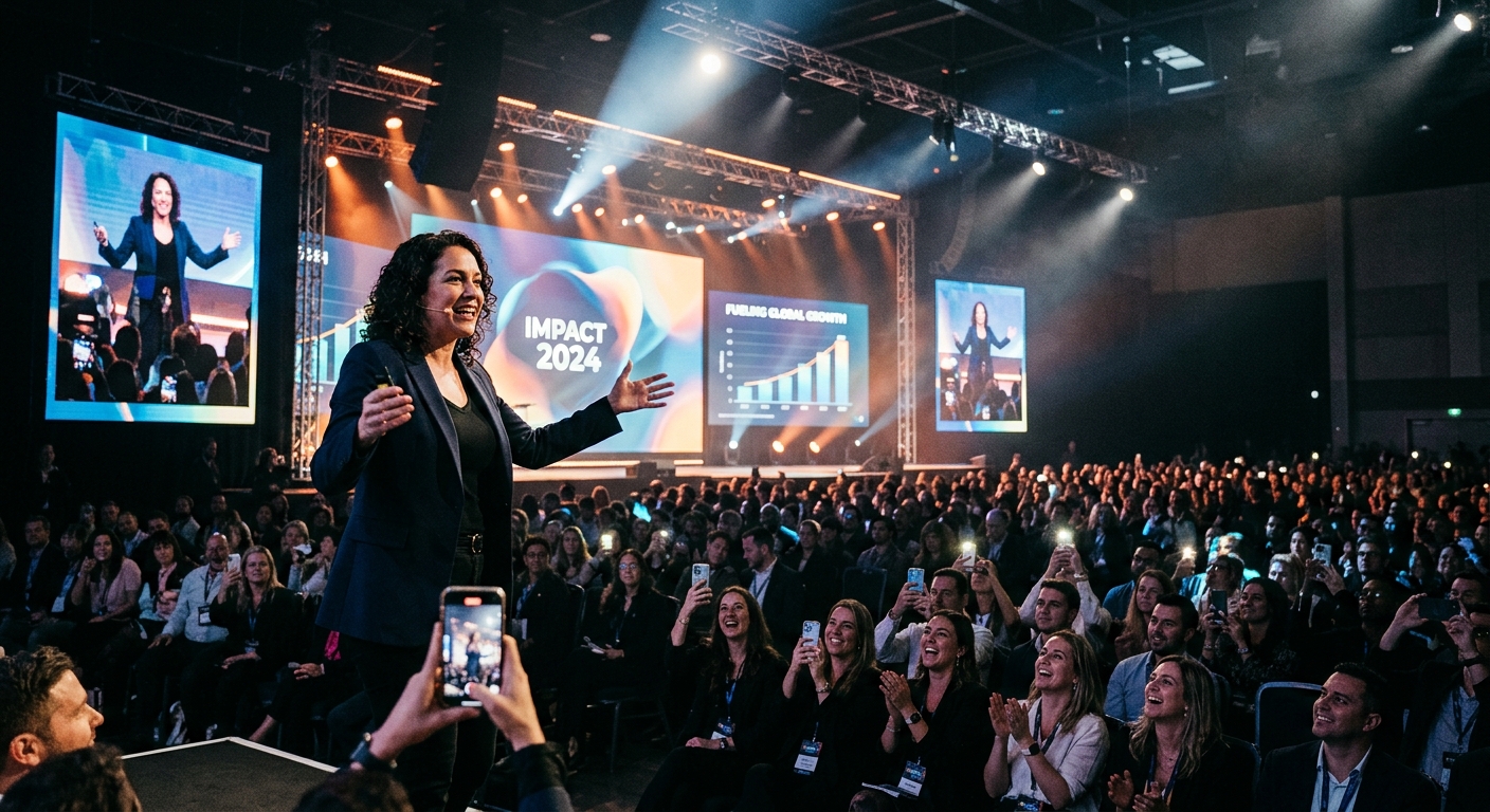 Dynamic conference keynote with engaged audience capturing the moment