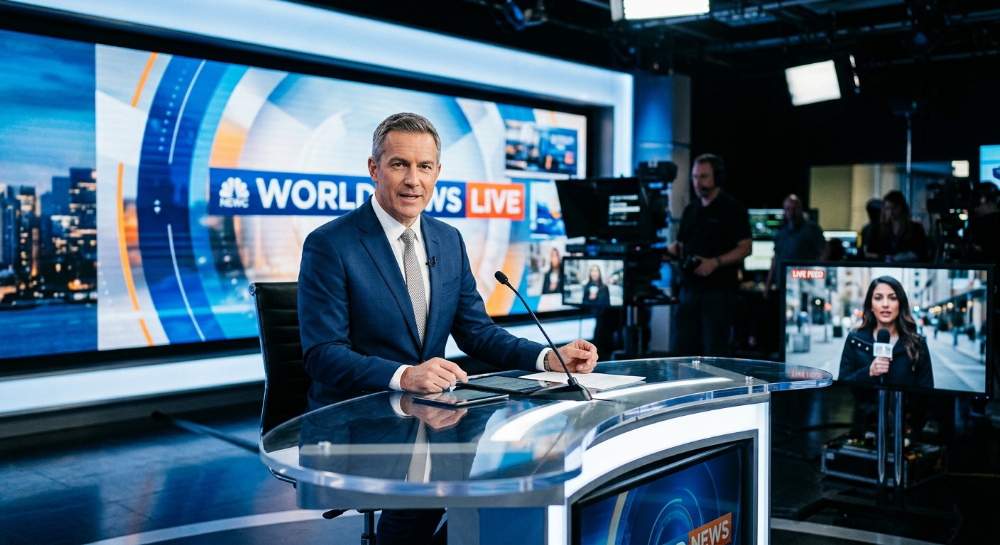 News anchor at broadcast desk with reporter on monitor