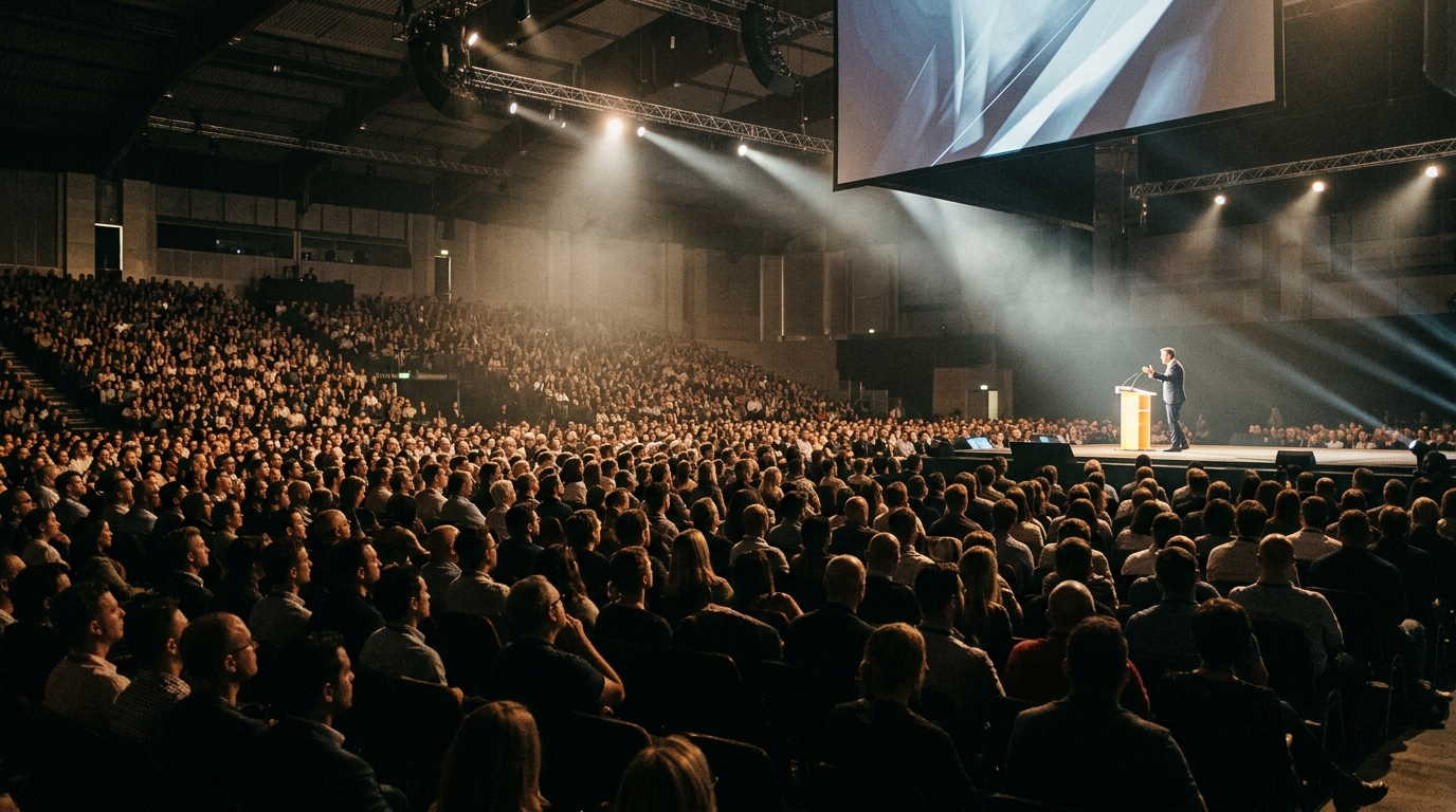 Packed conference hall with speaker on stage under dramatic lighting