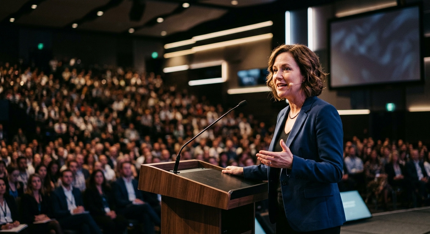 Keynote speaker addressing a packed conference hall