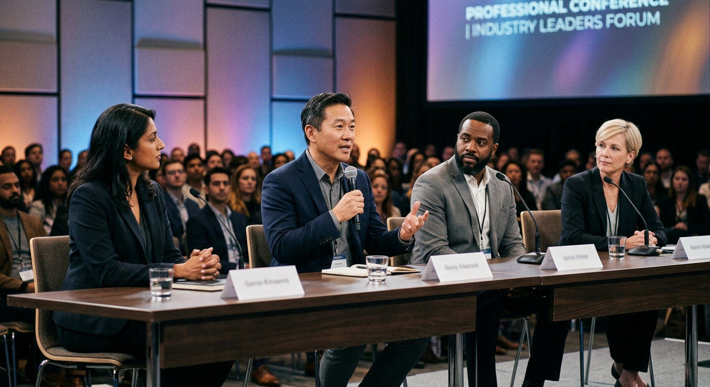Four panelists in discussion at a professional conference
