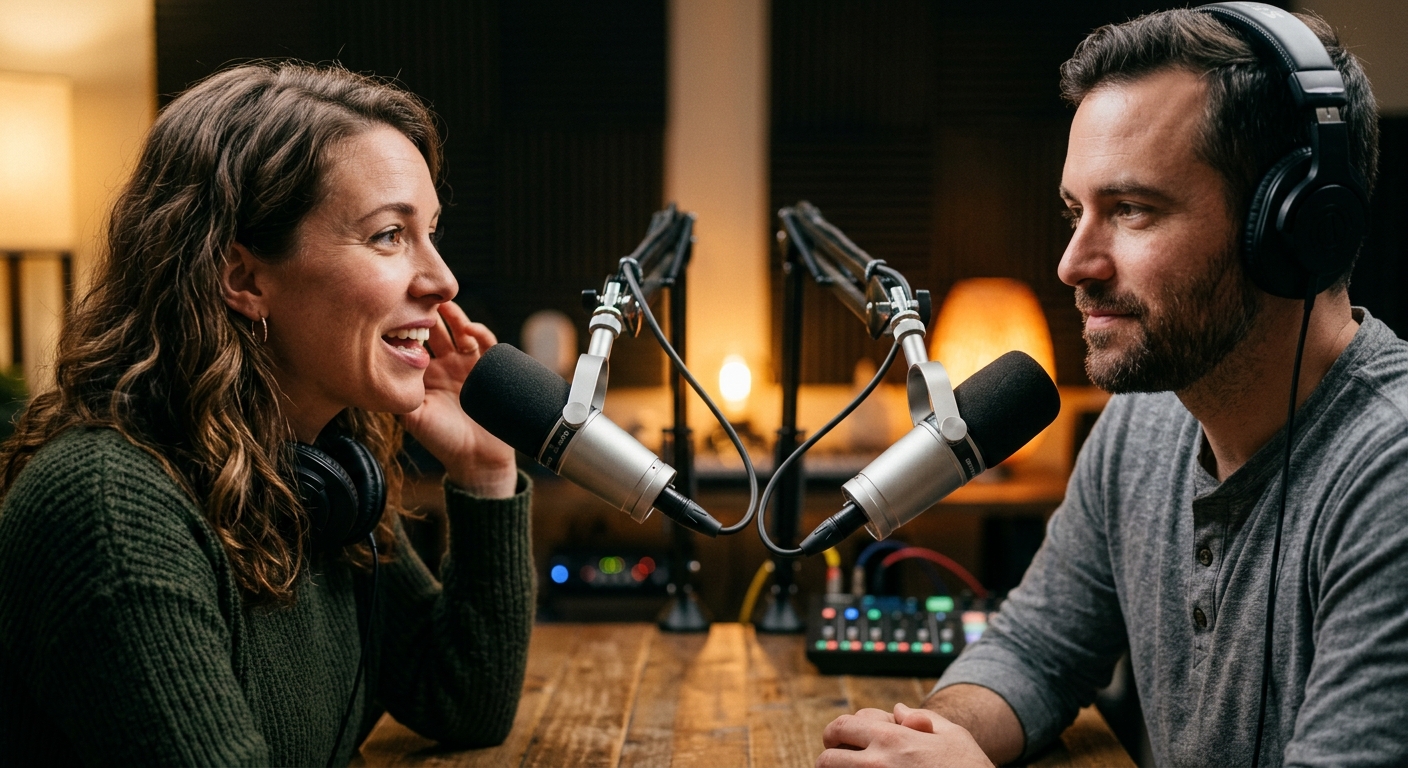 Two podcast hosts in conversation in a warm studio