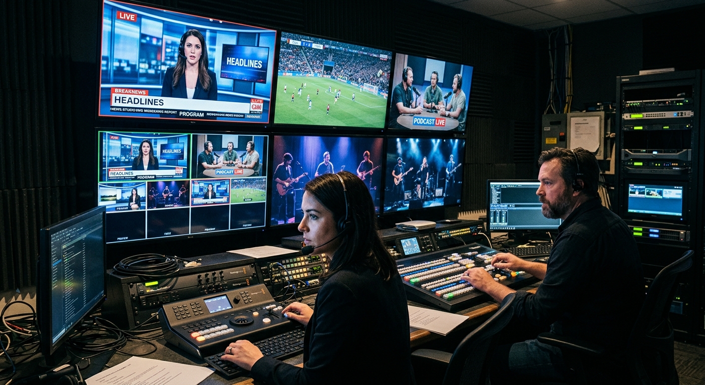 Producers working in a video production control room with multiple live feeds