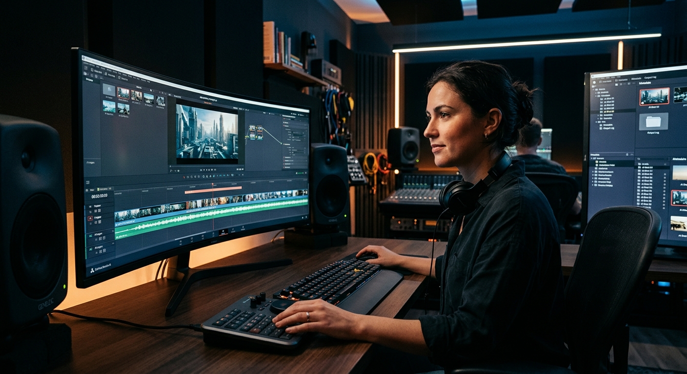 Video editor reviewing AI-generated outputs at a professional workstation