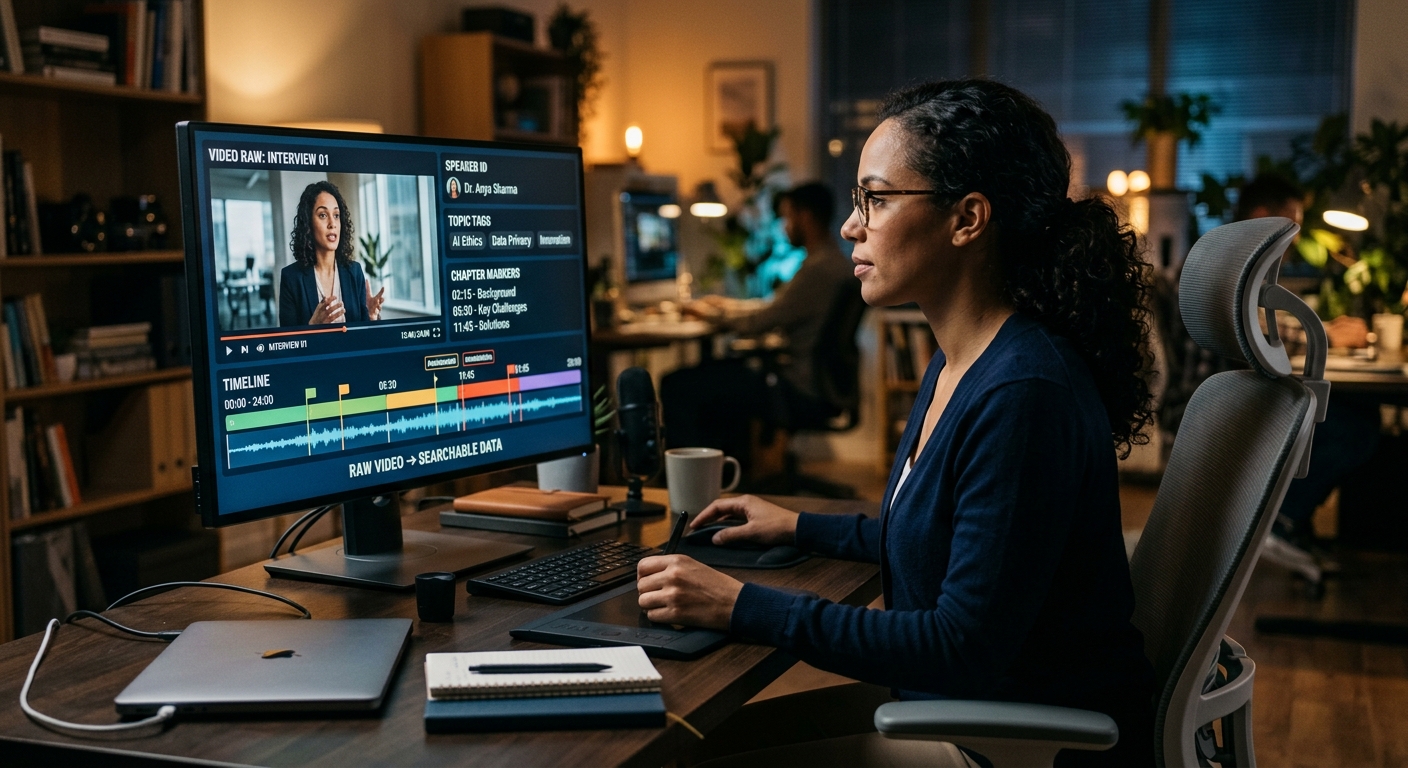 Content producer reviewing video being transformed into structured data on screen