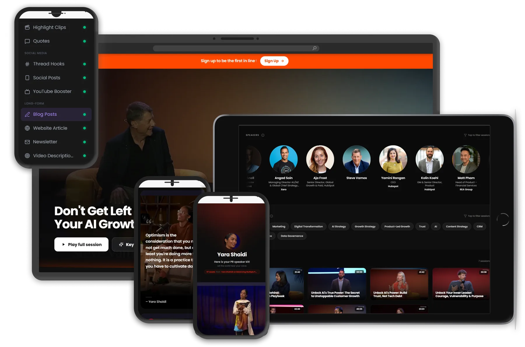 Speechbox turns conference sessions into speaker kits, social assets, and a year-round media center, shown across laptop, tablet, and phone.